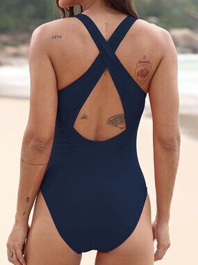 Criss Cross Back One-Piece Slimming Scoop Neck Bathing Suit